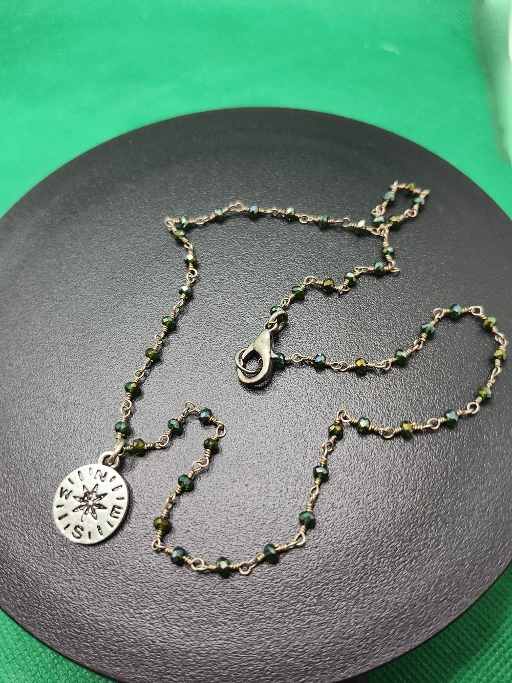 Green Beaded Compass Charm Necklace - Women Jewelry